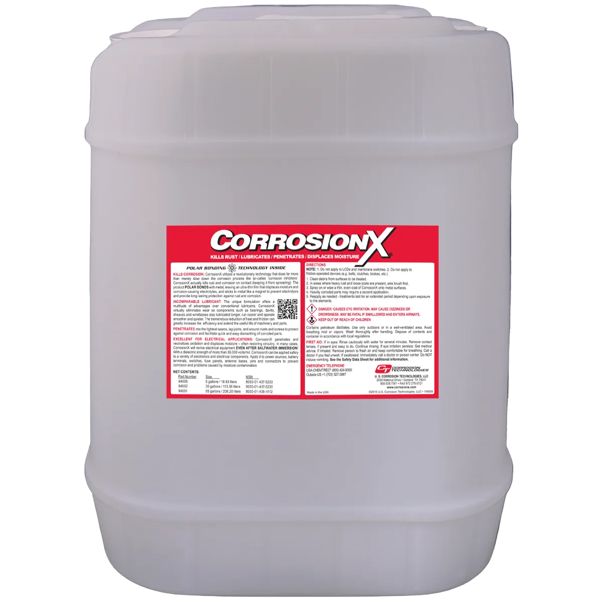 Large container of CorrosionX with a red label on a white background