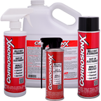 Collection of CorrosionX products including spray bottles and cans on a white background