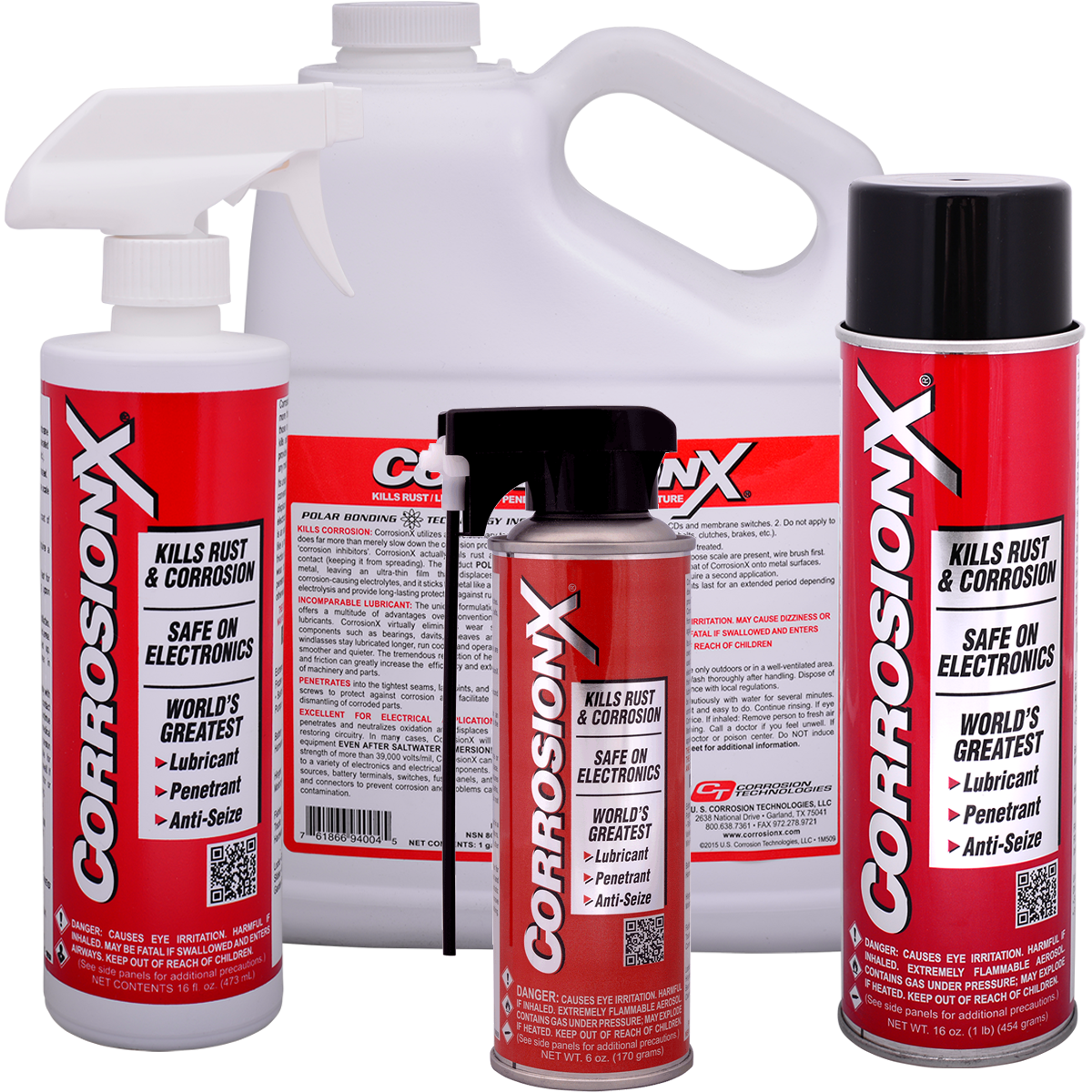 Collection of CorrosionX products including spray bottles and cans on a white background