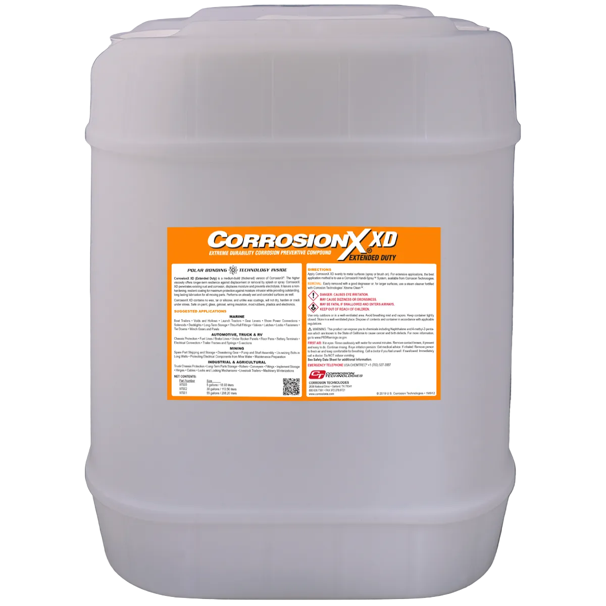 Large container of CorrosionX XD with a label on a white background