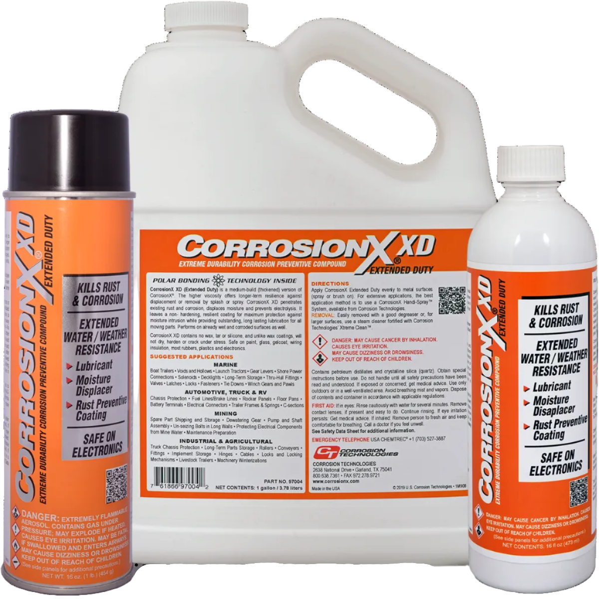 Three containers of CorrosionX XD corrosion prevention products on a white background