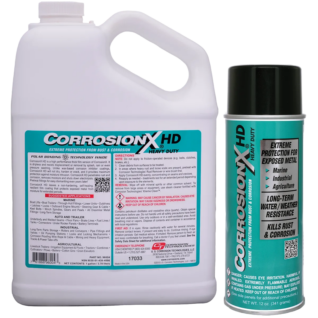 CorrosionX HD heavy-duty corrosion protection product including a gallon container and a can on a white background.
