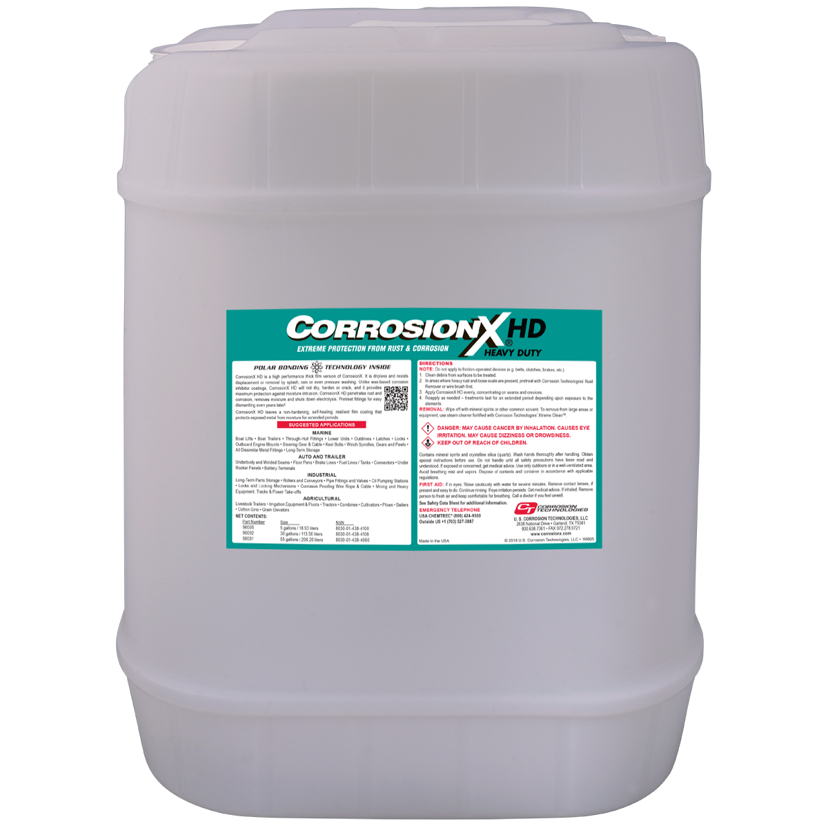 Large container of CorrosionX HD with a label on a white background
